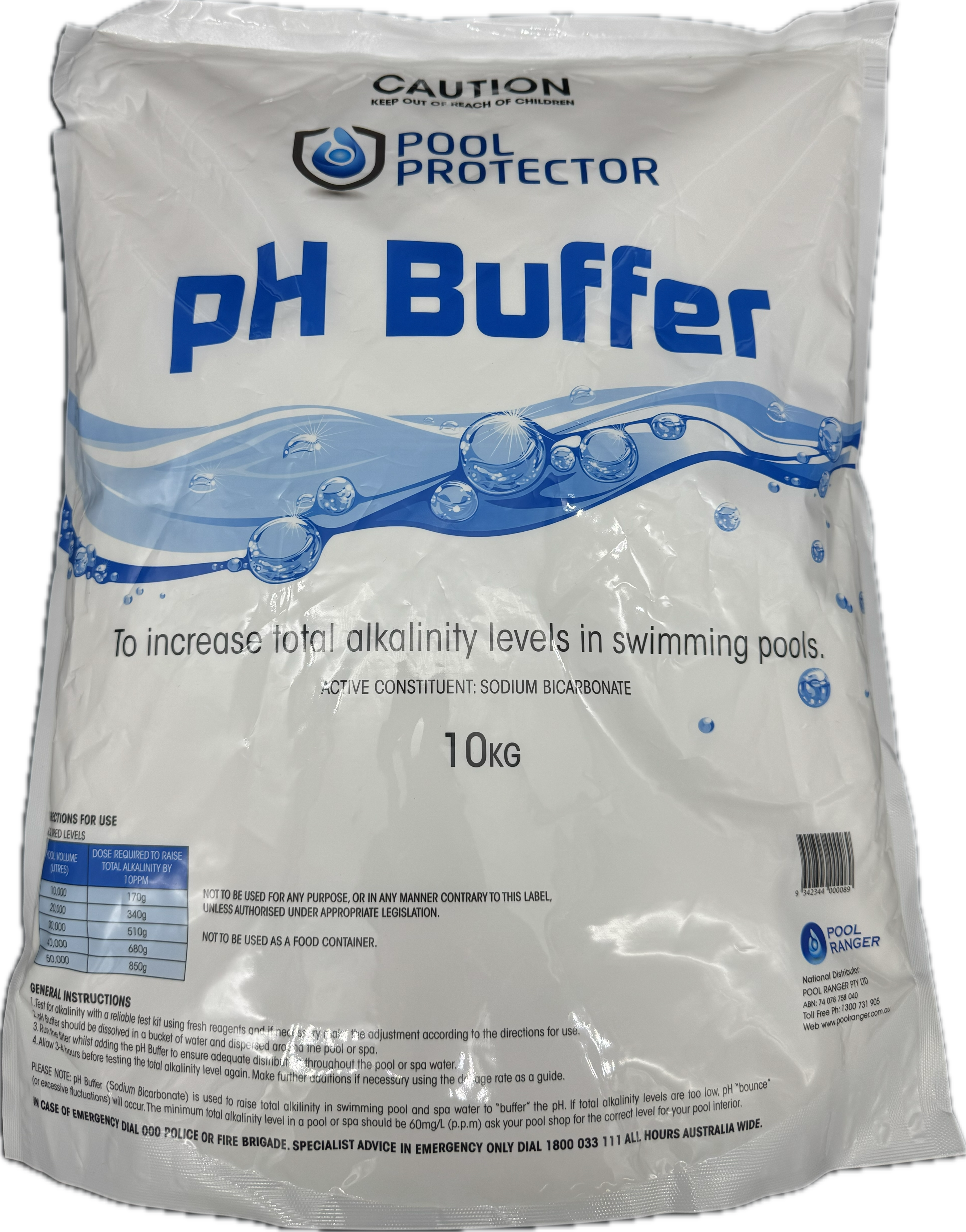 Bag of Pool Protector pH Buffer on a white background. sodium bicarbonate for balancing pool water and stabilising pH