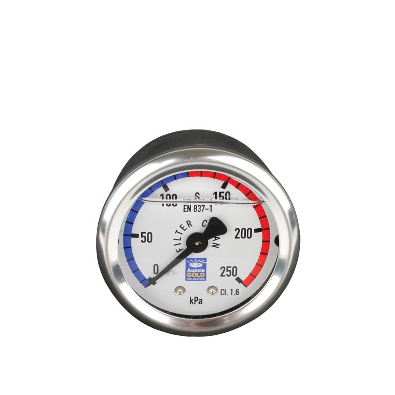 A stainless steel oil filled back mount pressure gauge with a white dial, blue and red markings, and a silver body.