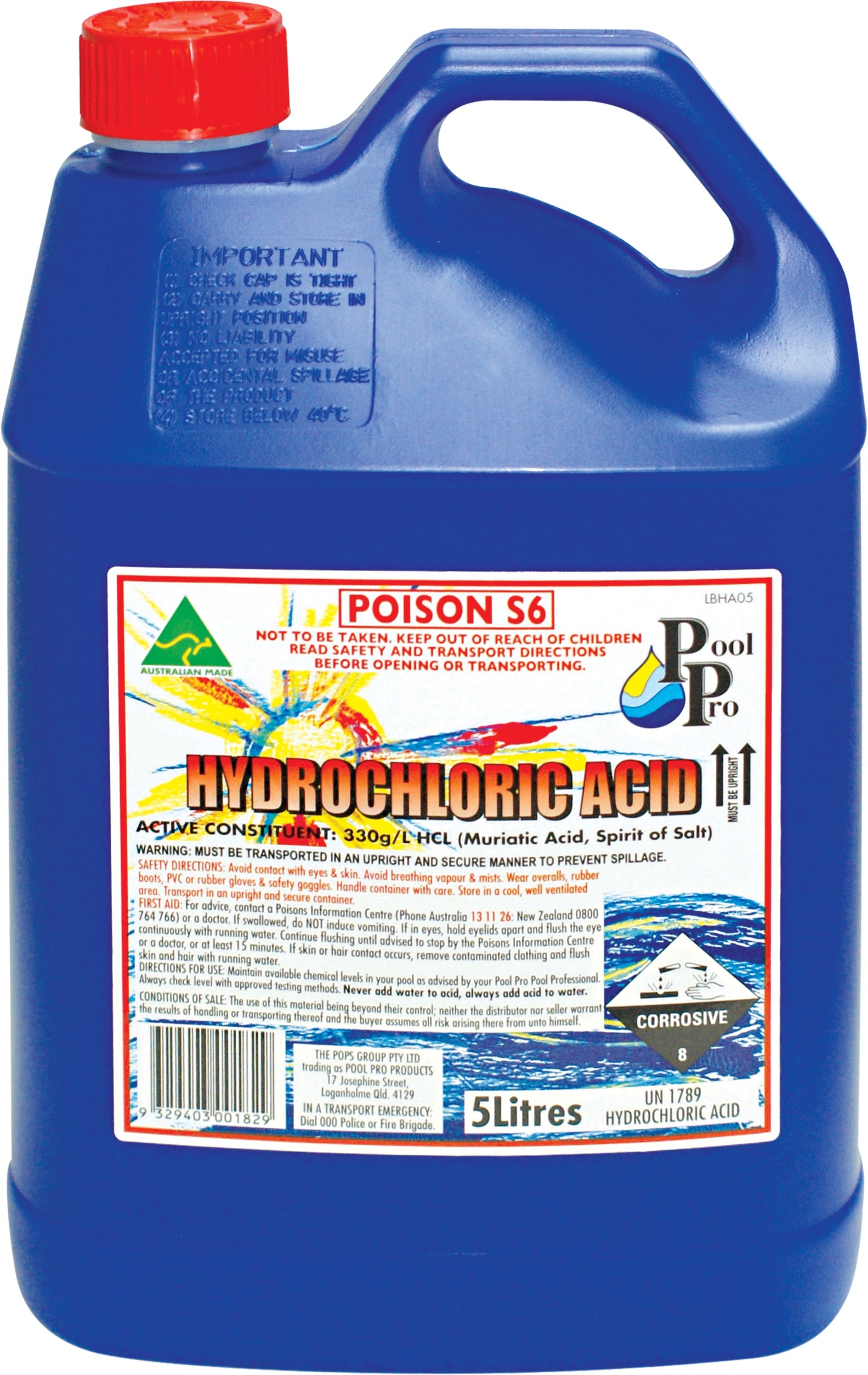 Pool Pro Hydrochloric Acid 5L x 4 DG CLASS 8 - HA05