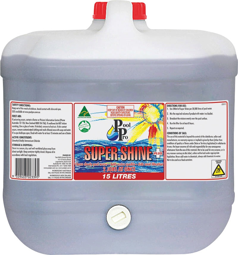 Supershine 15L - SU15  diallyldimethylammonium chlorideHeavy duty 2 in 1 clarifier. Clears cloudy water - adds extra sparkle. Aids with sand filtration.