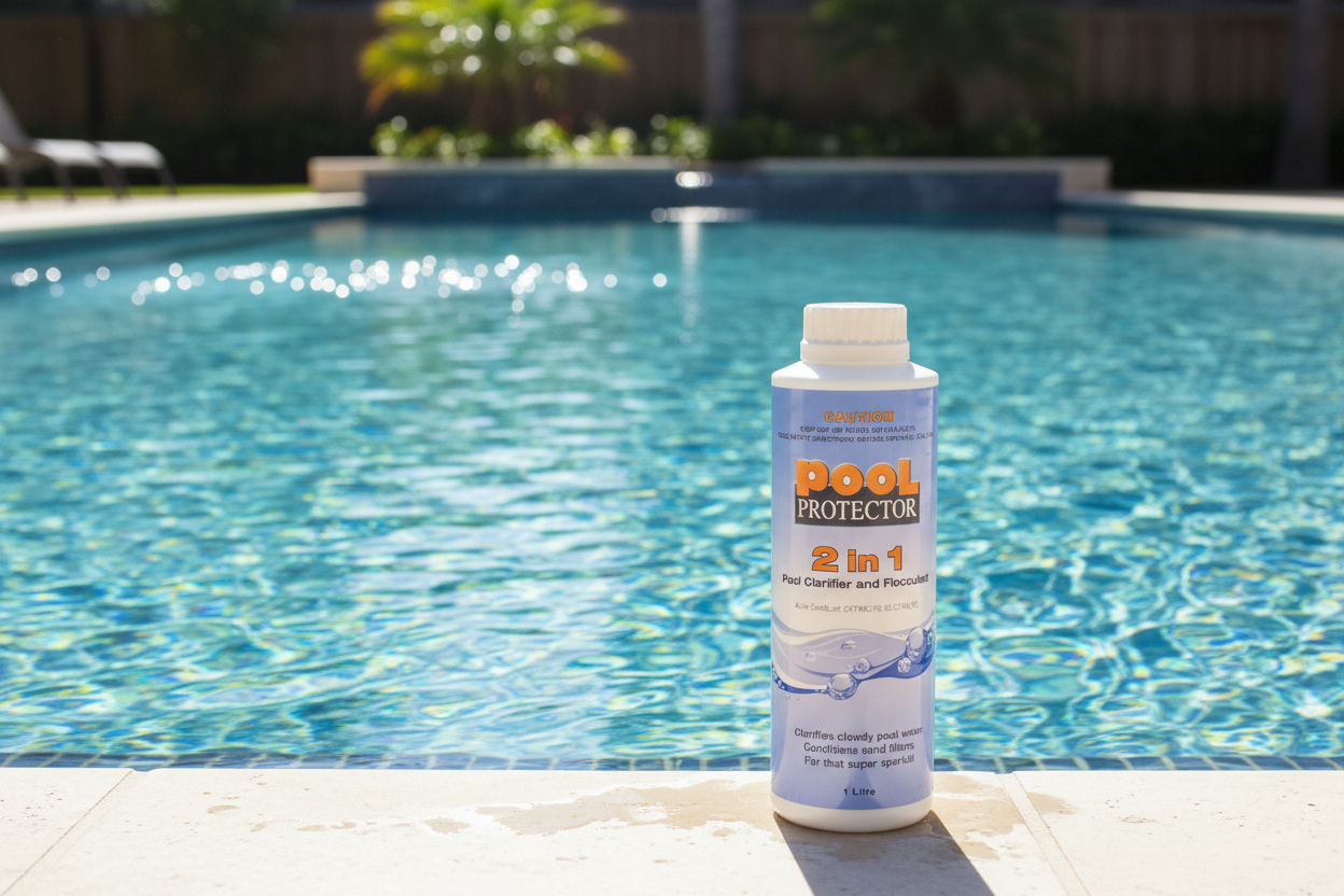 A bottle of Pool Protector 2 in 1 Pool Clarifier and Flocculant, with blue and white labeling, containing 1 litre of the product.
